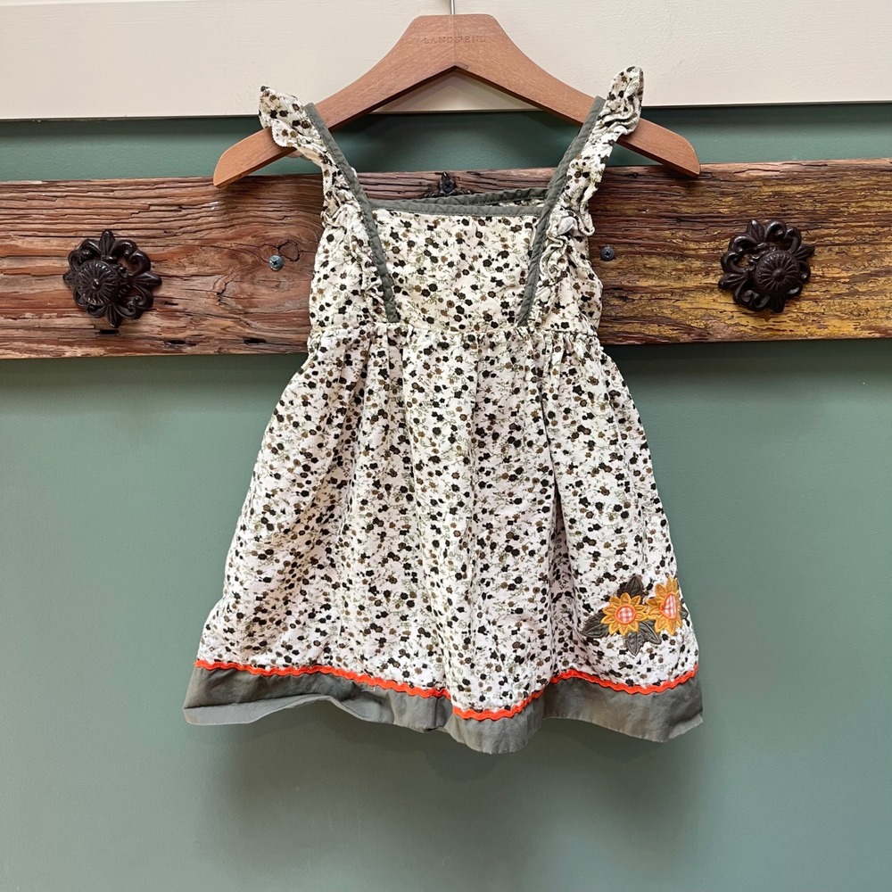 Lil Cactus Girls 3T Corduroy Floral Sunflower Dress Ruffle Strap Back Tie Green
